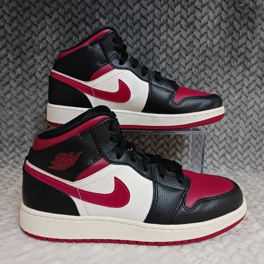 Jordan 1 Mid Bred Toe GS Black Noble Red Youth Basketball Sneakers Shoes Size 6Y